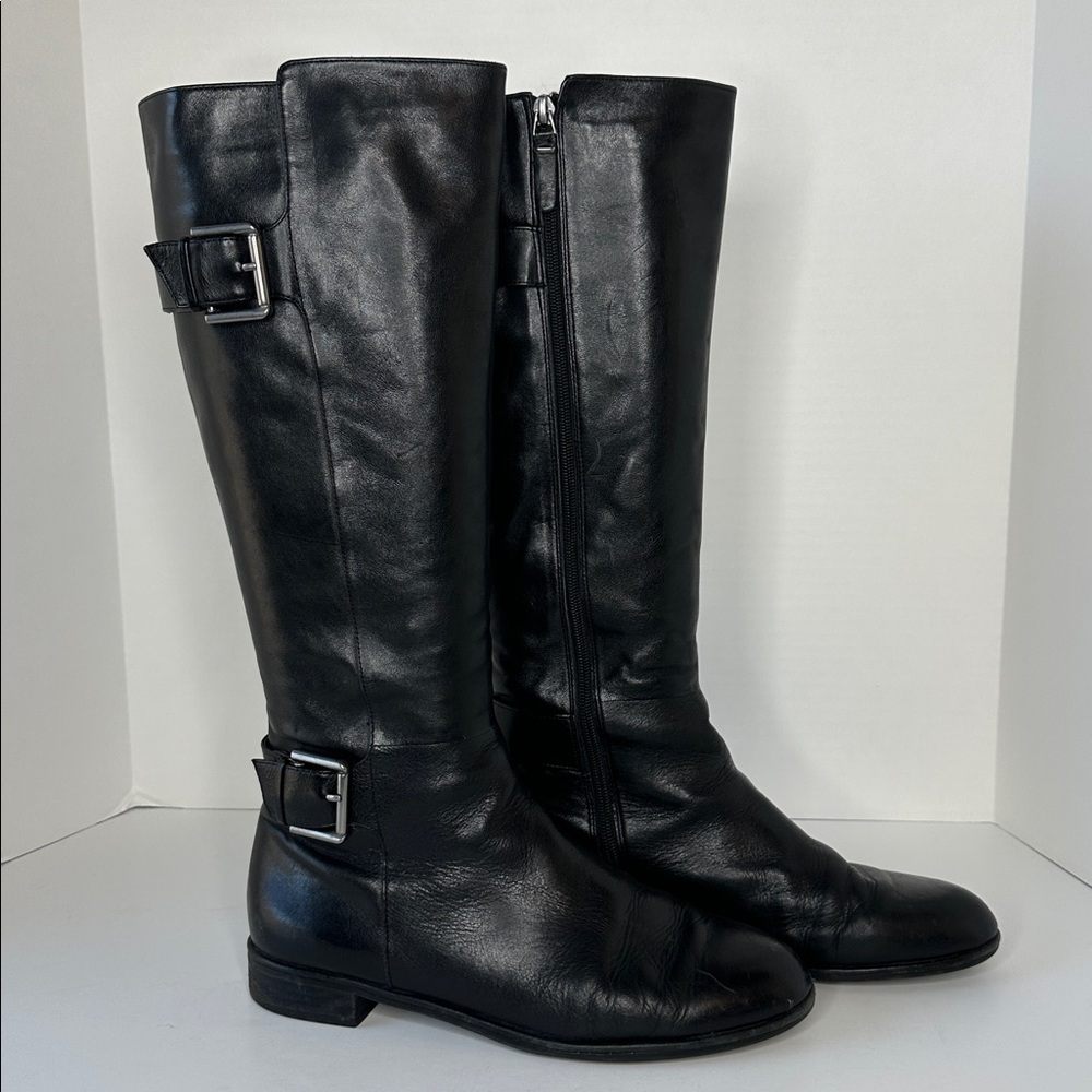 Via Spiga Women's Tall‎ Leather Full Zipper Boots Size 9.5 Black  Buckles